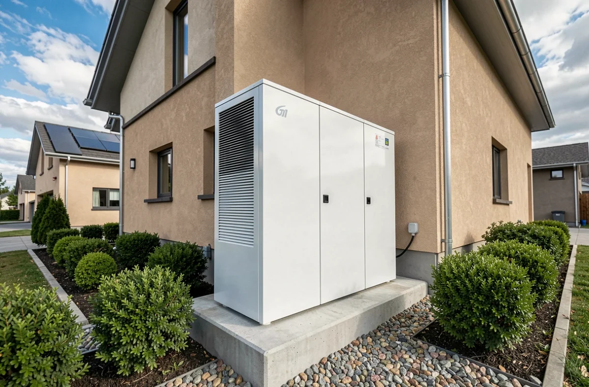 Pompe à chaleur air-eau 16 kW installée sur dalle béton en extérieur d'une maison contemporaine