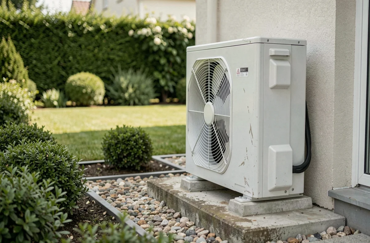 Pompe à chaleur air-eau installée sur plot béton à l'extérieur d'une maison individuelle