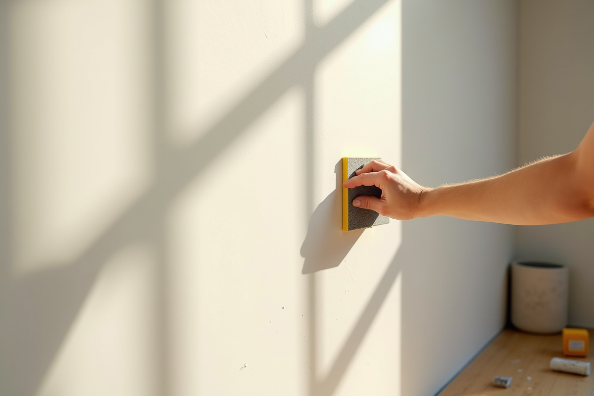 Personne ponçant un mur en plâtre dans une pièce lumineuse