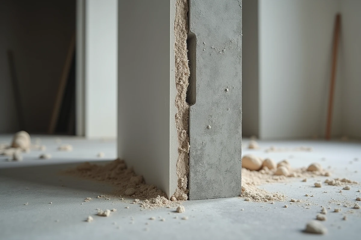 Détail d'un pont thermique visible à la jonction entre une cloison en placoplatre et un poteau en béton lors d'une rénovation intérieure