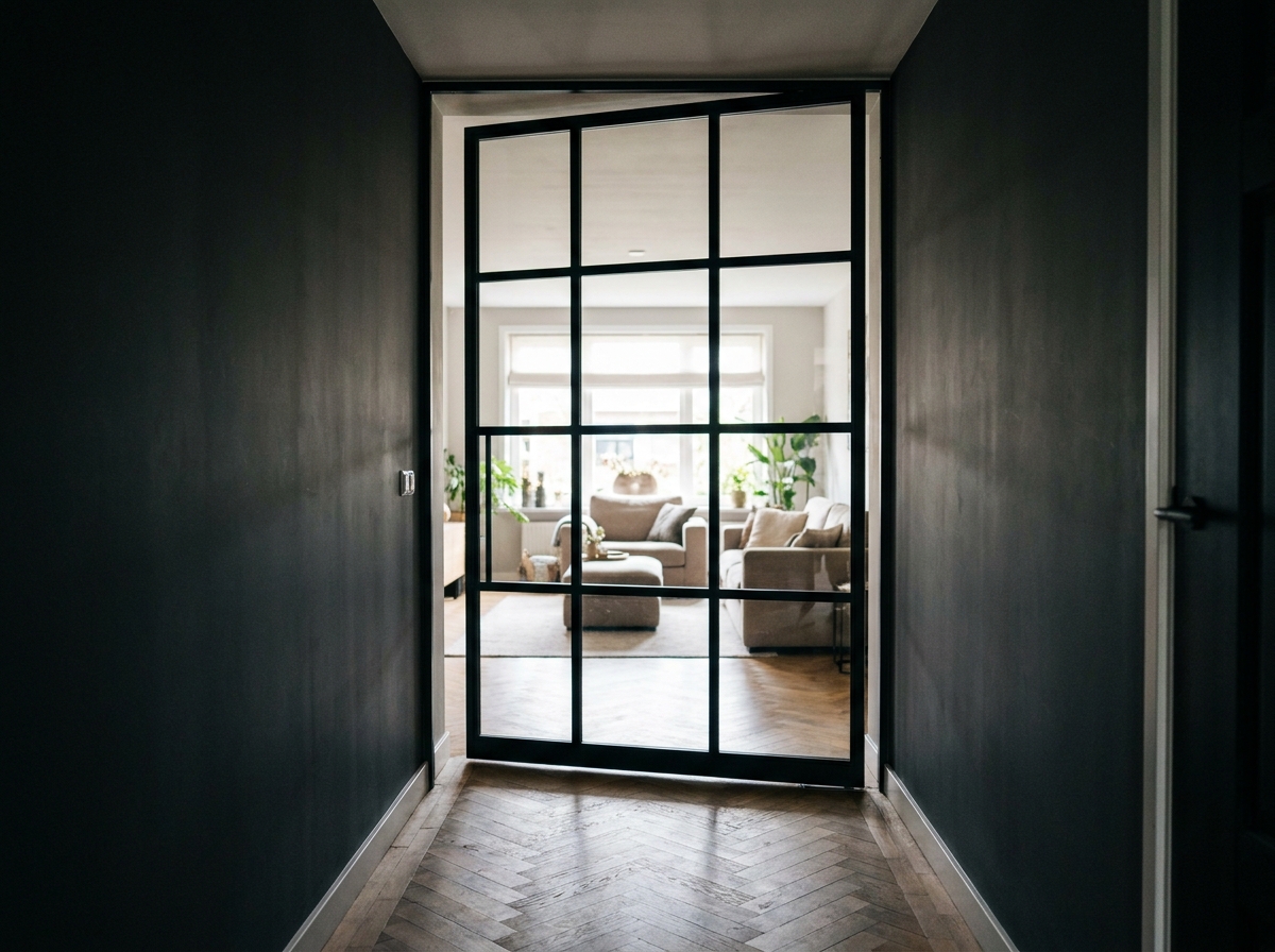 Porte verrière battante en acier noir installée au bout d'un couloir sombre avec vue sur un salon lumineux