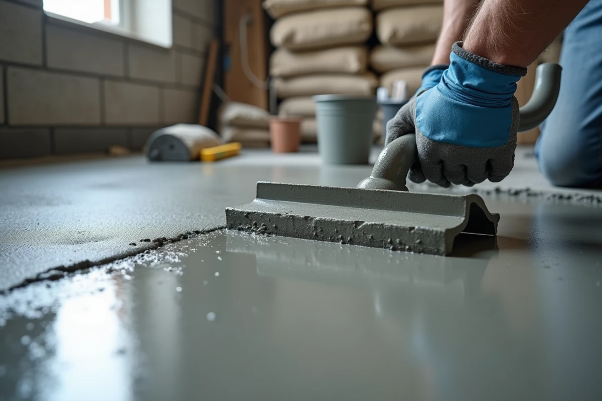 Pose d'une chape maigre au flotteur acier sur plancher b&eacute;ton lors de travaux de construction r&eacute;sidentielle