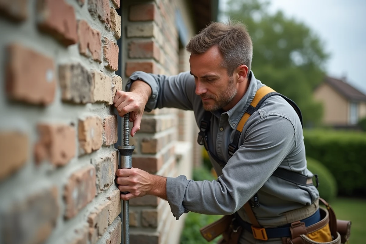 Artisan insérant une cheville nylon dans un mur en brique extérieur lors de la pose d'une fixation murale