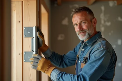 Menuisier posant un gond robuste sur une porte en bois massif dans un couloir en rénovation