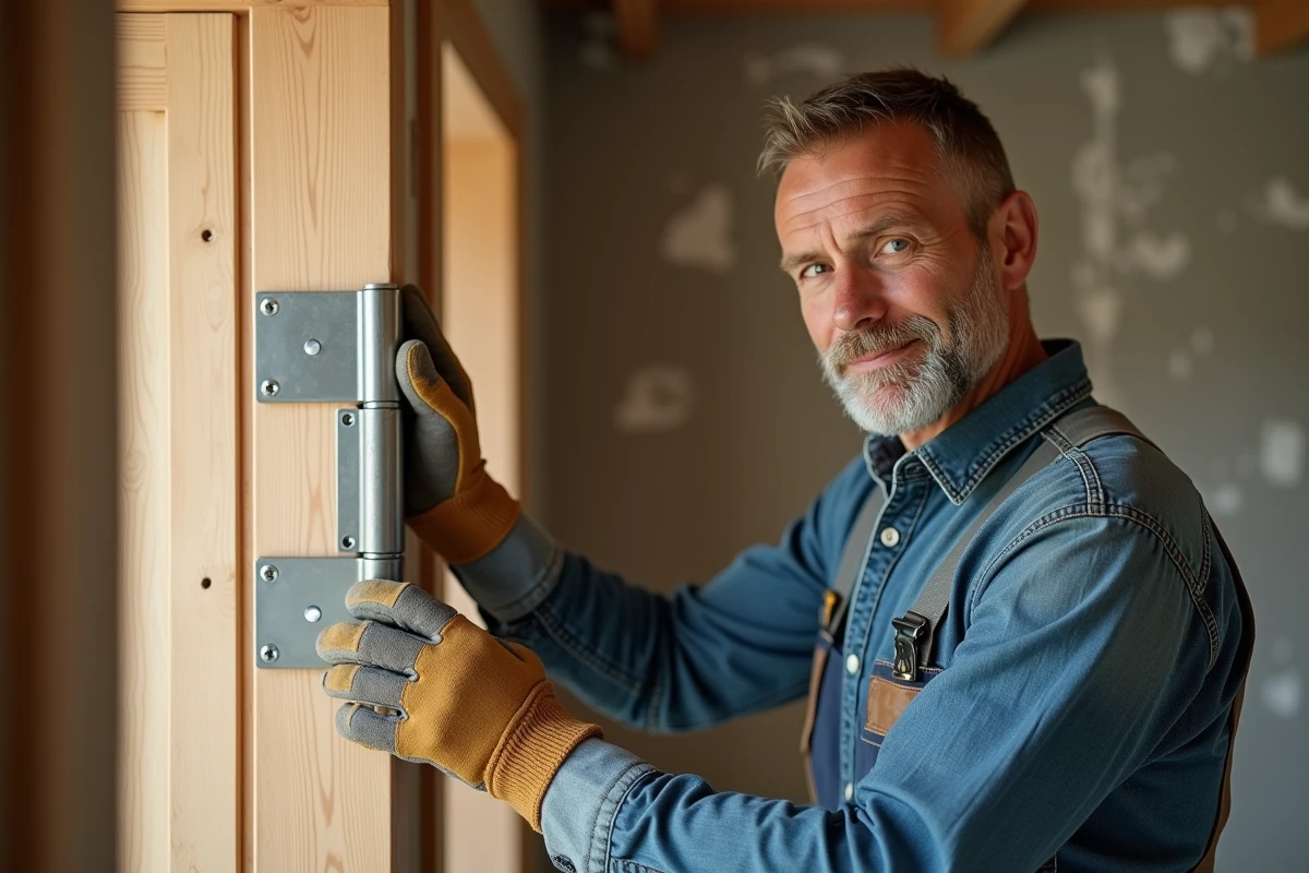 Menuisier posant un gond robuste sur une porte en bois massif dans un couloir en rénovation