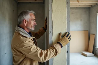 Ouvrier posant un panneau isolant rigide sur un mur en béton brut lors de travaux d'isolation intérieure avec placoplatre