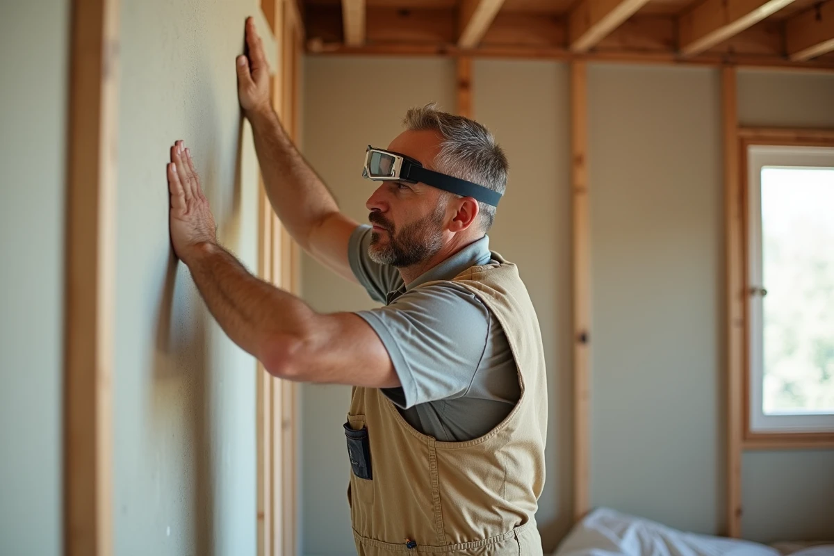 Artisan posant une plaque de plâtre isolante sur un mur en cours de rénovation intérieure