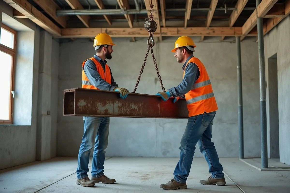 Deux ouvriers professionnels soulevant une poutre en acier avec un palan sur un chantier de rénovation intérieure