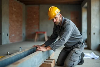 Professionnel du bâtiment mesurant une poutre en fer dans une maison en rénovation avec murs en briques apparentes