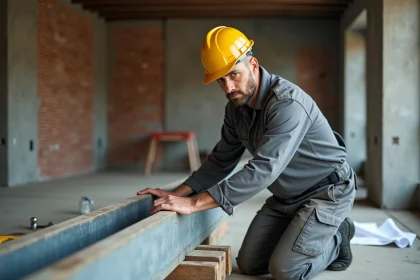 Professionnel du bâtiment mesurant une poutre en fer dans une maison en rénovation avec murs en briques apparentes