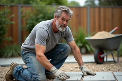 Un homme posant des dalles en béton lui-même dans son jardin pour réduire le coût au m² de sa terrasse