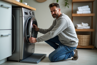 Homme d'âge moyen posant près d'une machine à laver moderne