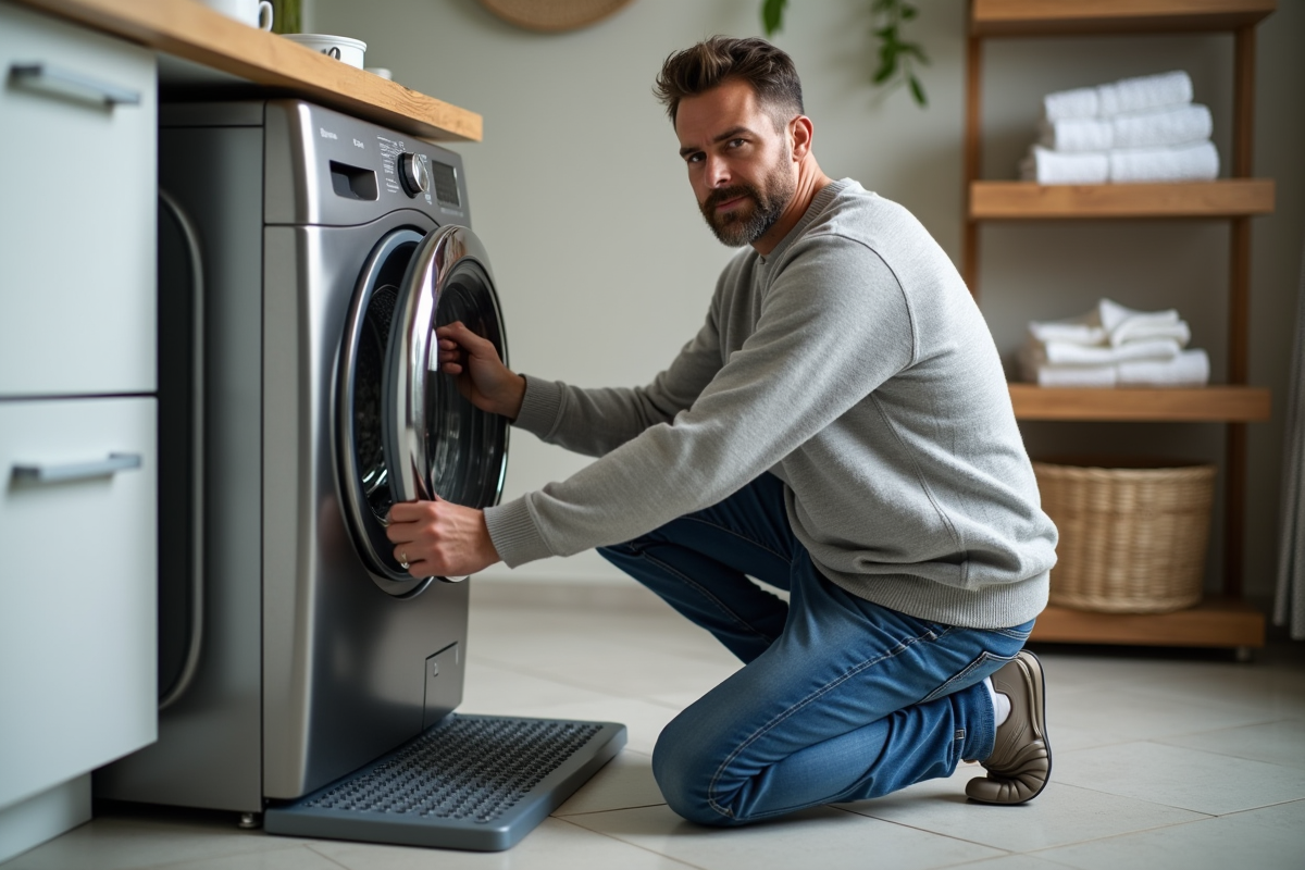 Homme d'âge moyen posant près d'une machine à laver moderne