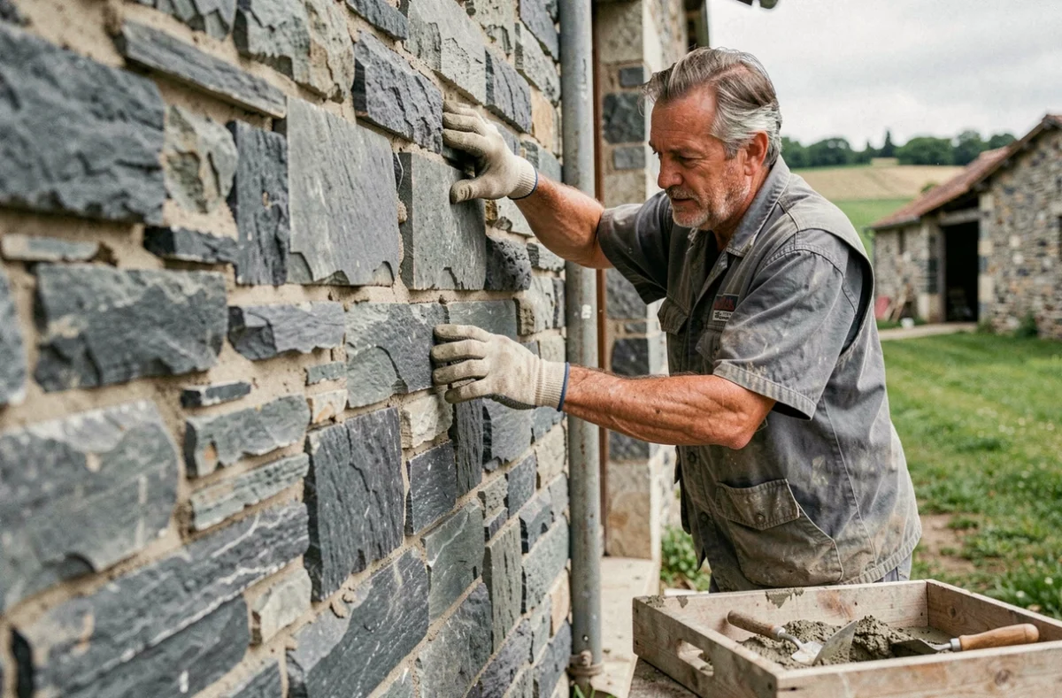 Maçon de Sarl Prades Constructions posant des pierres sur un mur de maison rurale en Haute-Loire