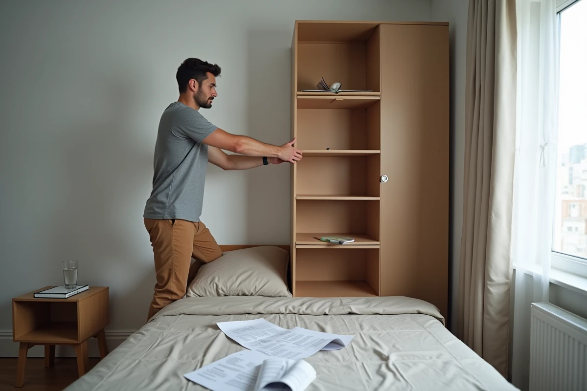 Homme assemblant une étagère en kit dans une petite chambre meublée avec des meubles BUT abordables pour un premier appartement