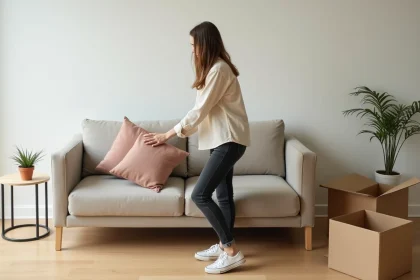 Jeune femme aménageant son premier appartement avec des meubles abordables BUT, canapé compact et déco minimaliste dans un salon moderne