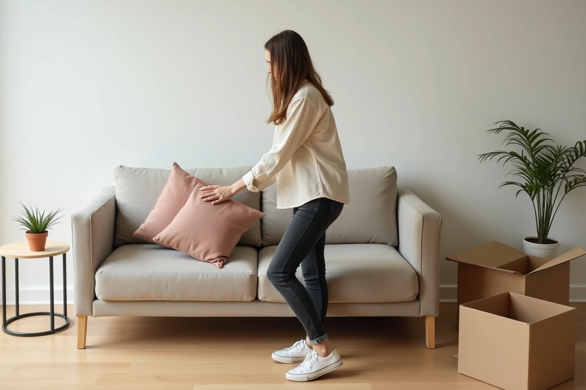 Jeune femme aménageant son premier appartement avec des meubles abordables BUT, canapé compact et déco minimaliste dans un salon moderne