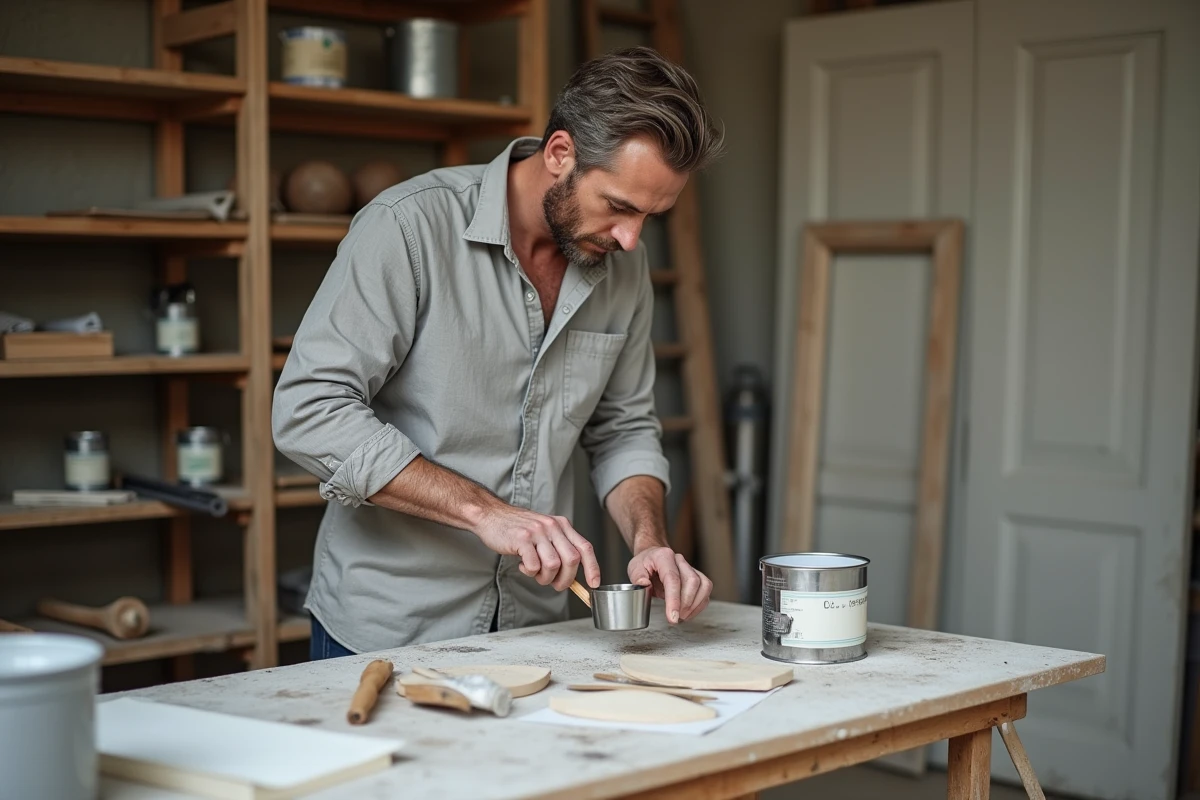 Artisan préparant ses pinceaux et sa peinture blanche pour boiserie dans un atelier de rénovation