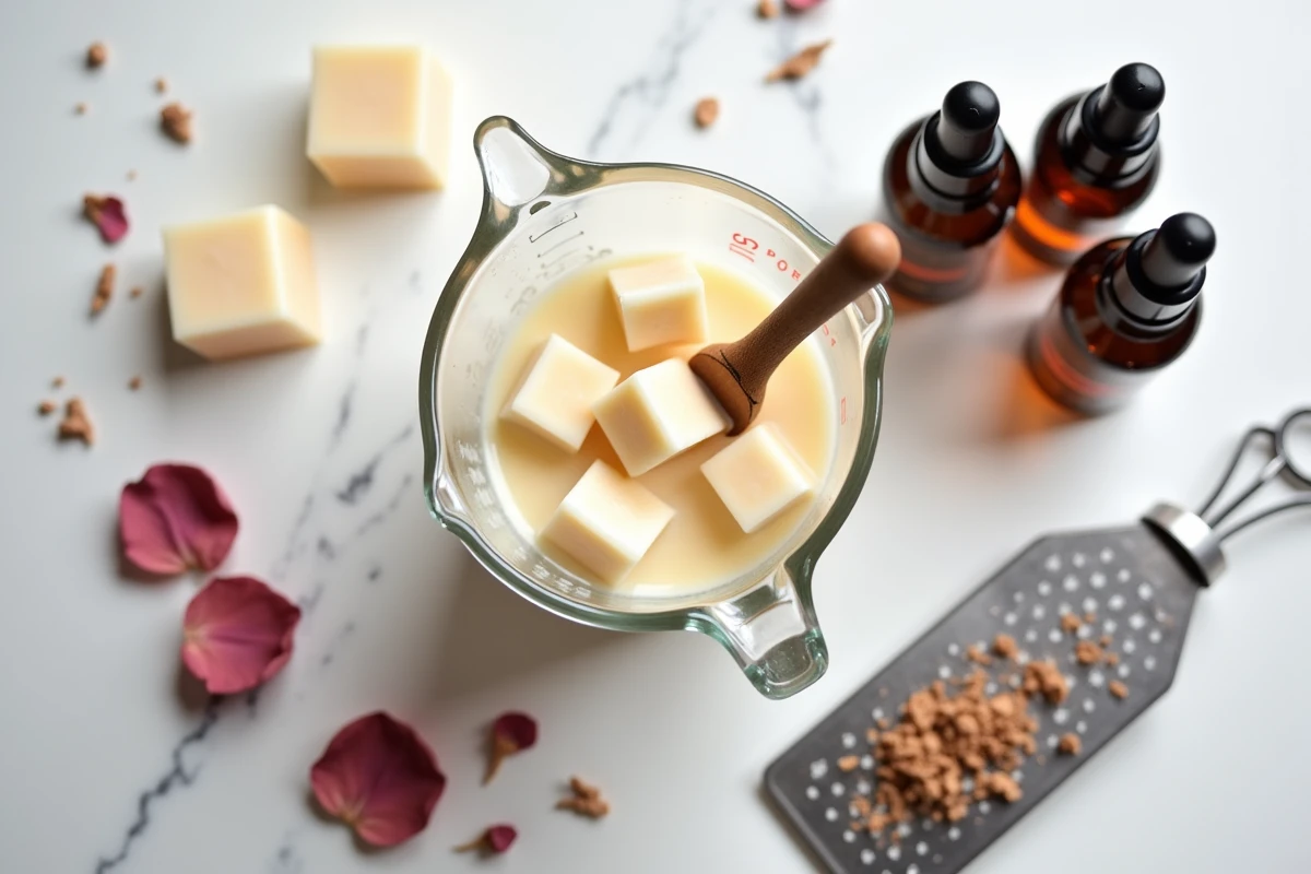Vue de dessus d'une préparation artisanale pour refondre du savon avec huiles naturelles, pétales de rose et beurre de cacao sur marbre