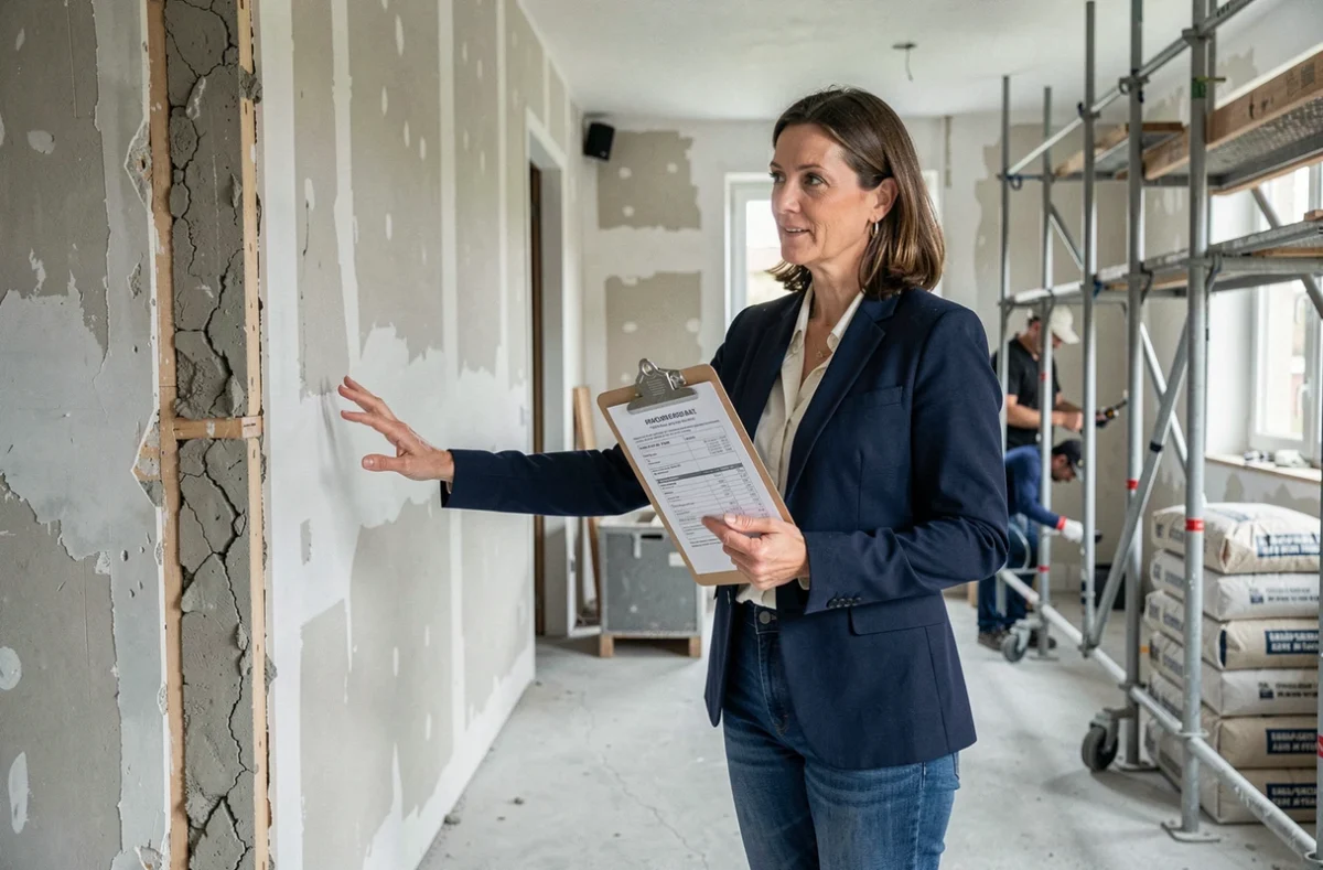 Femme propriétaire tenant des devis de rénovation dans une maison belge en cours de travaux avec murs dégagés et échafaudages