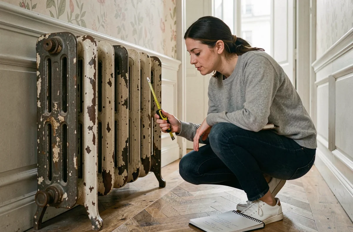 Propriétaire mesurant un radiateur en fonte ancien dans un couloir haussmannien pour préparer une négociation avec un chauffagiste