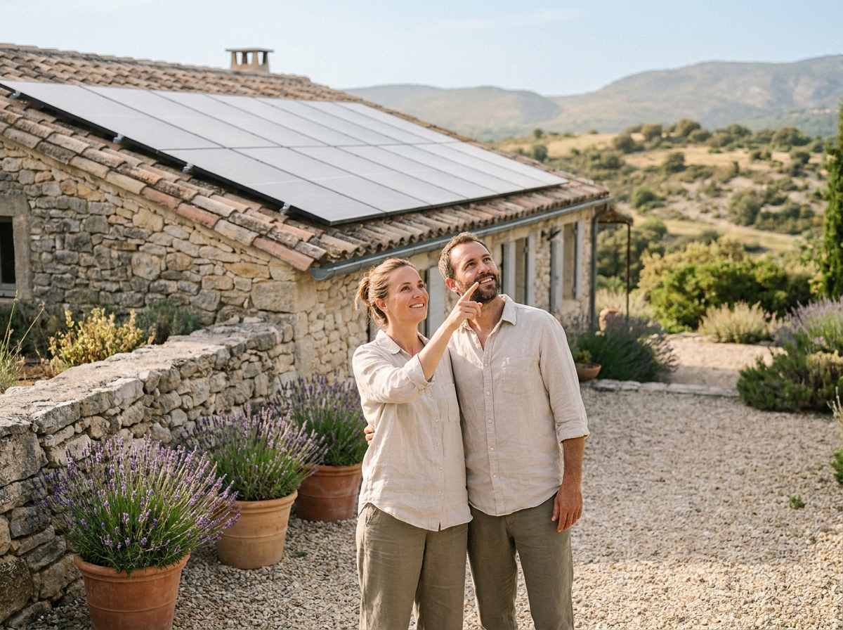 Couple de propriétaires devant leur maison provençale équipée de panneaux solaires dans le Var
