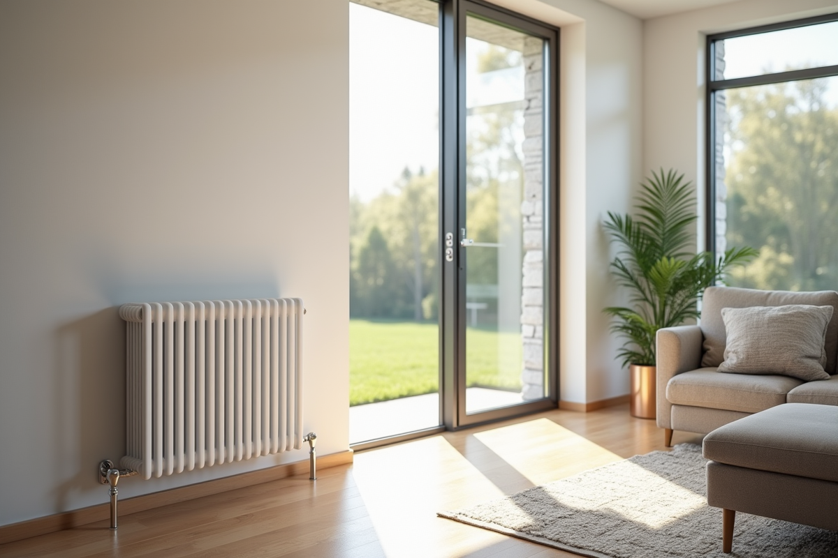 Radiateur électrique moderne dans un salon sous-sol bien organisé