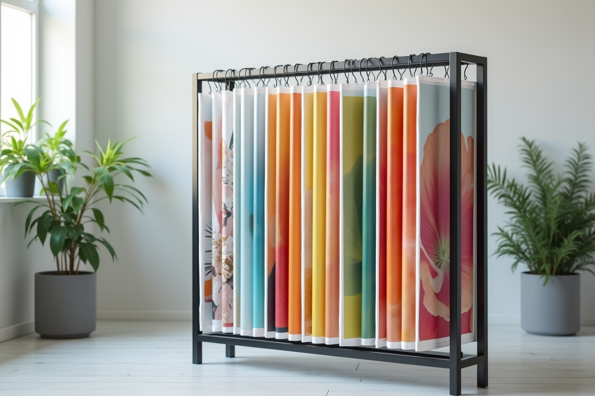 Rangement vertical de posters colorés dans un studio lumineux