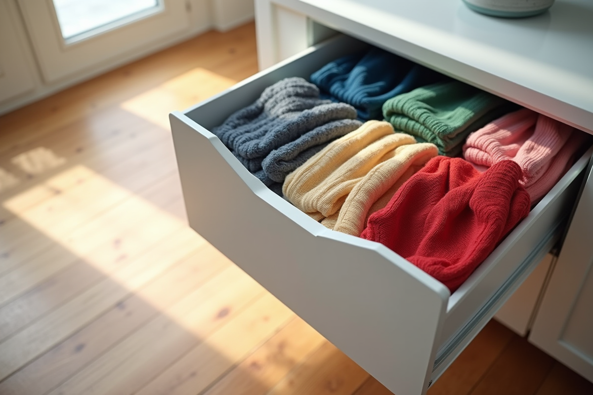 Tiroir rangement en plastique avec pulls colorés organisés par couleur