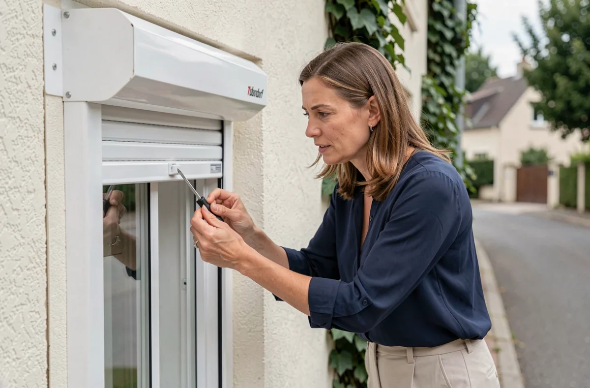 Femme réglant manuellement la fin de course d'un volet roulant Bubendorff sur facade de maison après une panne électrique