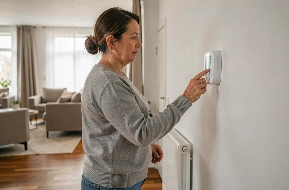 Femme réglant le thermostat numérique d'une chaudière électrique de chauffage central dans un salon moderne
