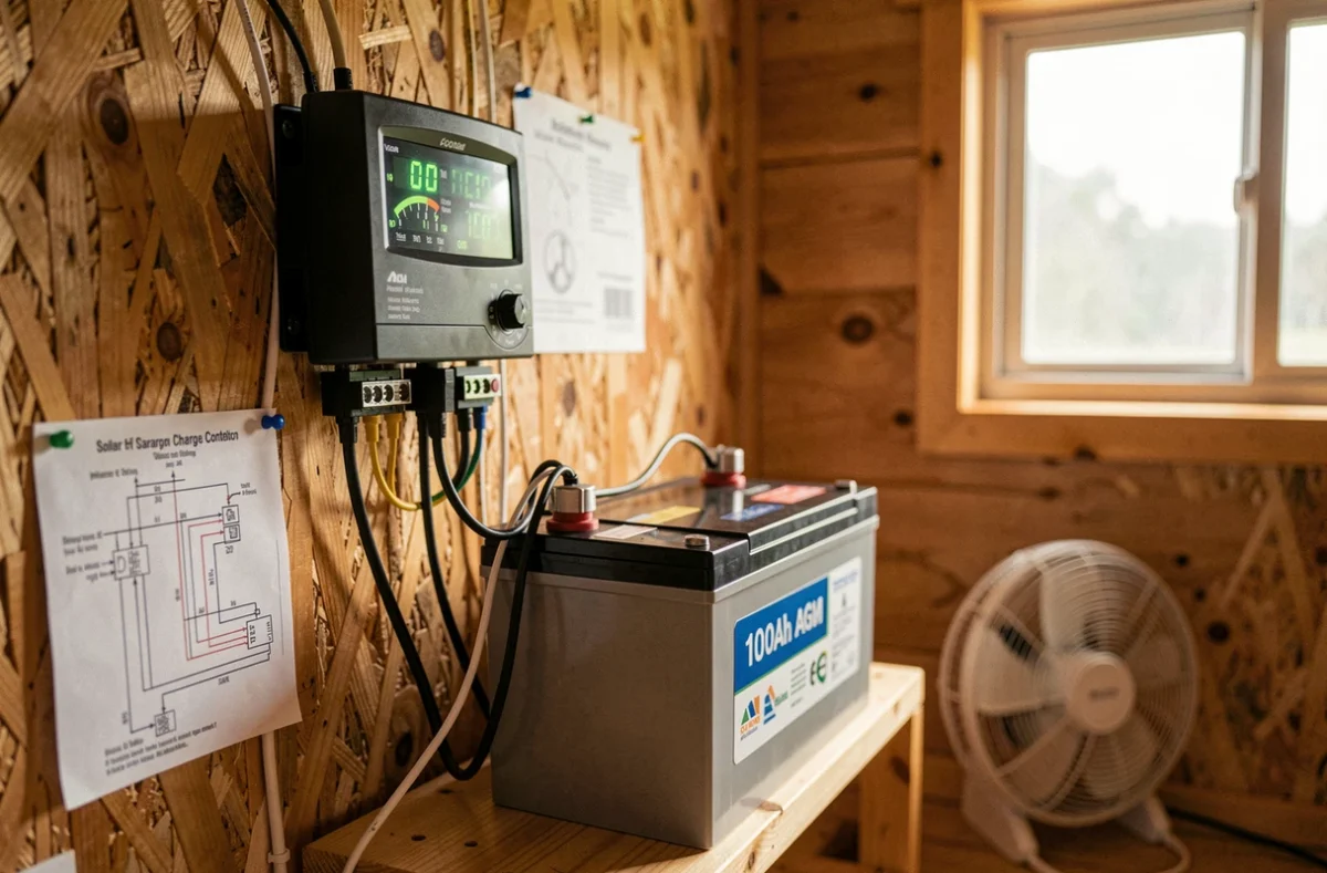 Régulateur de charge solaire connecté à une batterie AGM 100Ah dans un chalet hors réseau avec affichage de la tension