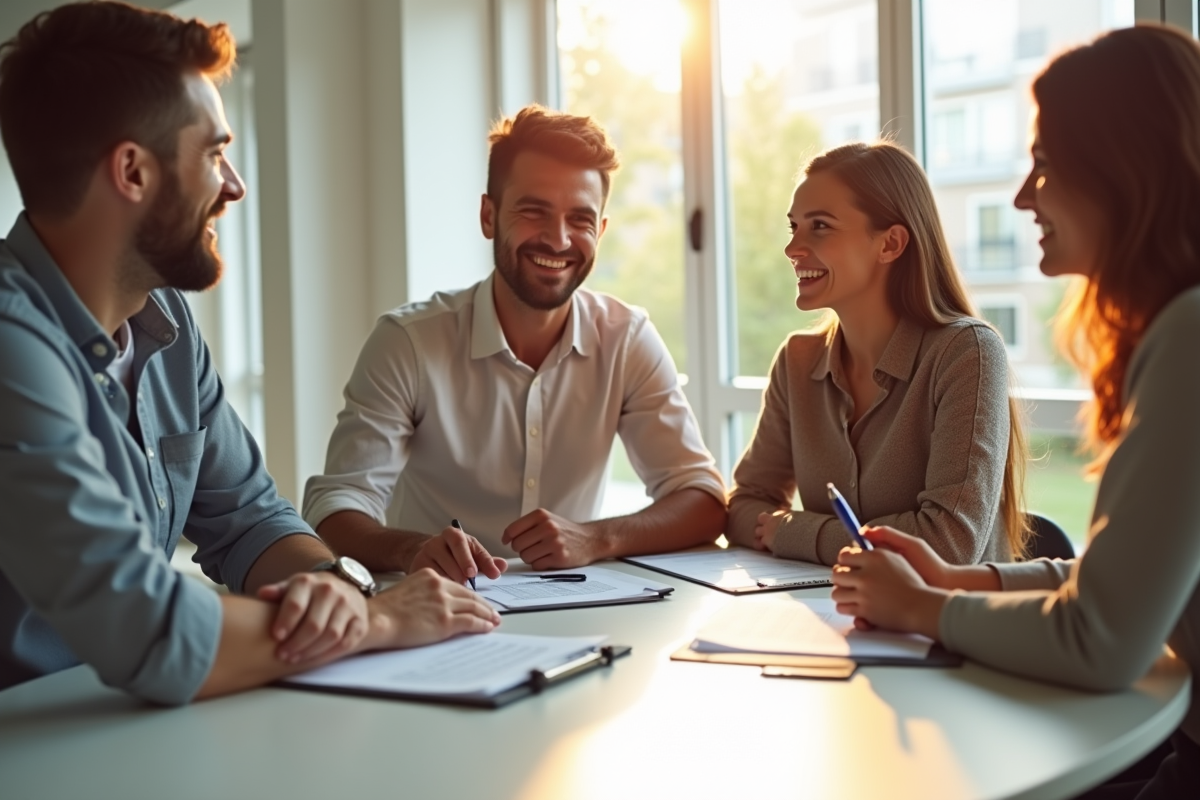 Jeune couple souriant rencontrant un conseiller immobilier dans un bureau lumineux