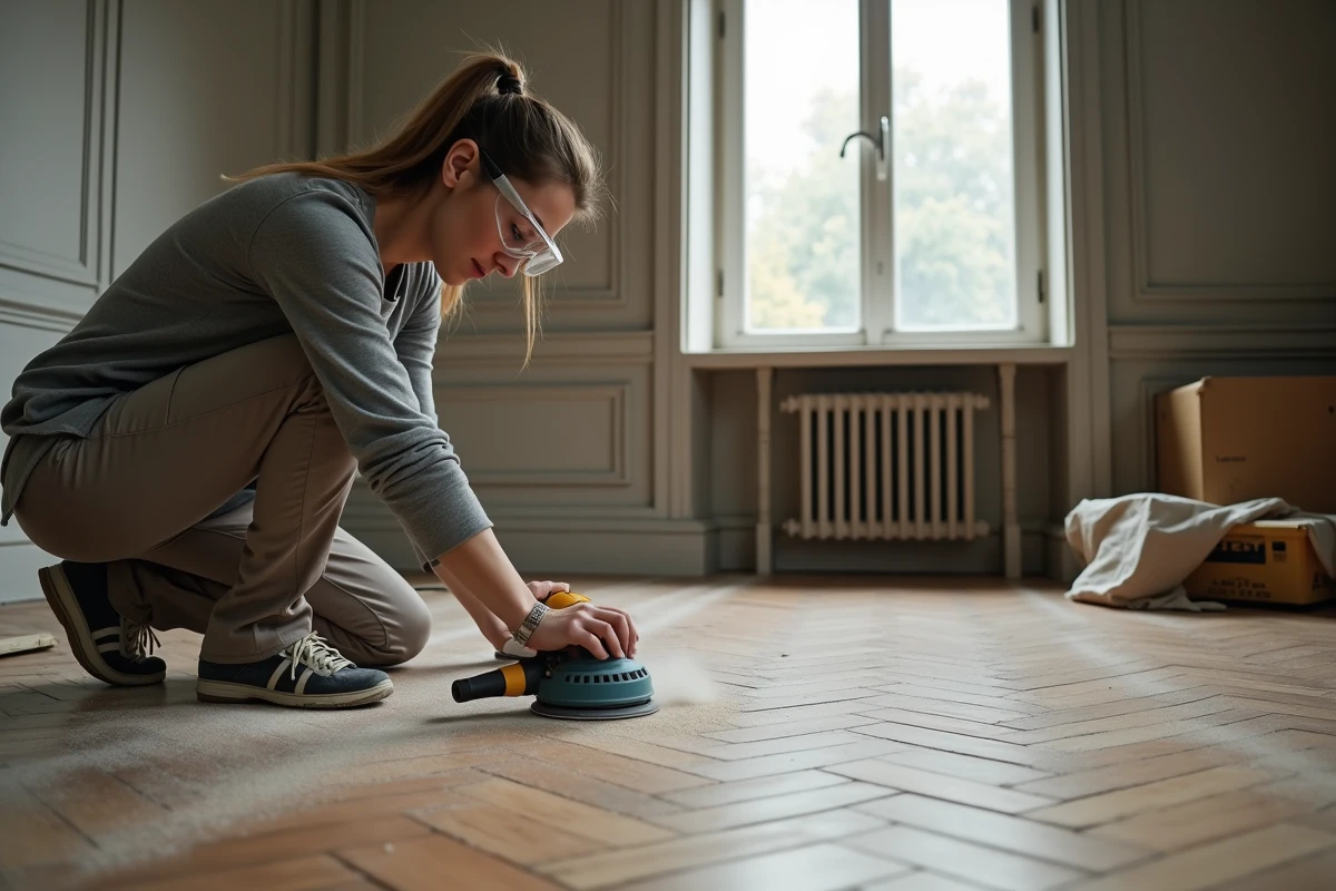Femme ponçant un parquet ancien à la ponceuse orbitale dans un appartement en cours de rénovation DIY