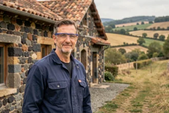 Entrepreneur en rénovation devant une maison en pierre traditionnelle de Haute-Loire
