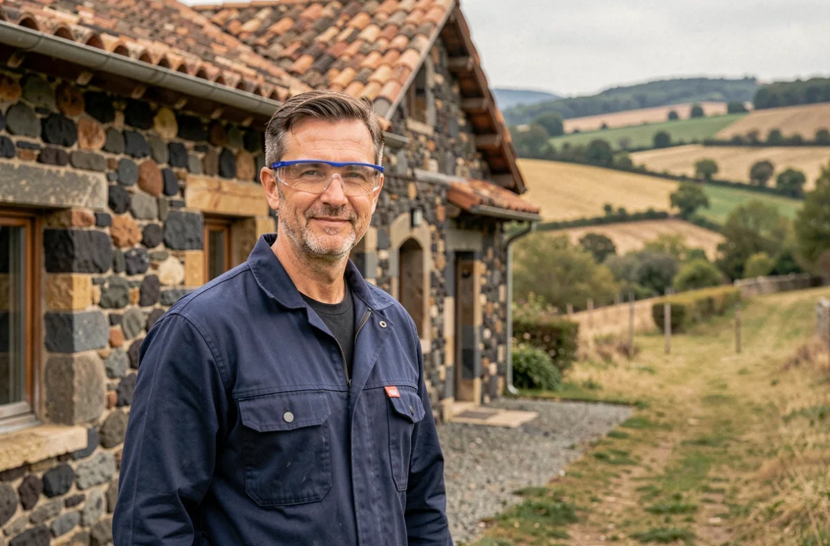 Entrepreneur en rénovation devant une maison en pierre traditionnelle de Haute-Loire