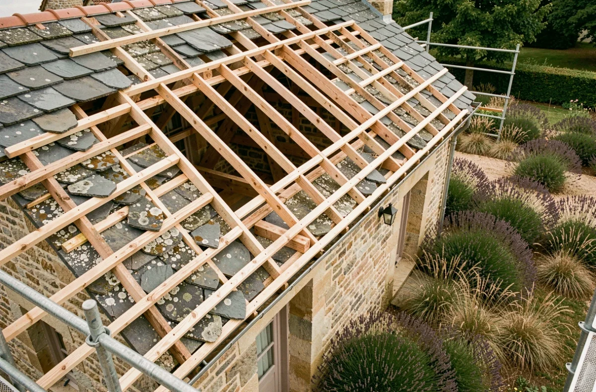 Toiture de maison ancienne en cours de rénovation avec liteaux neufs posés sur charpente, vue en plongée partielle