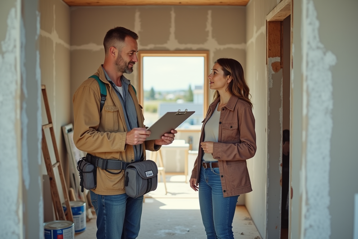 Ouvrier et entrepreneuse discutant dans une maison en renovation