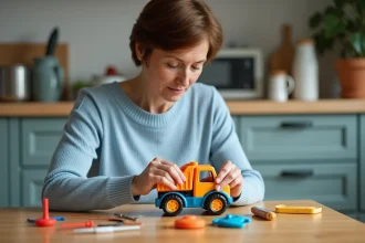 Femme réparant un camion en plastique coloré