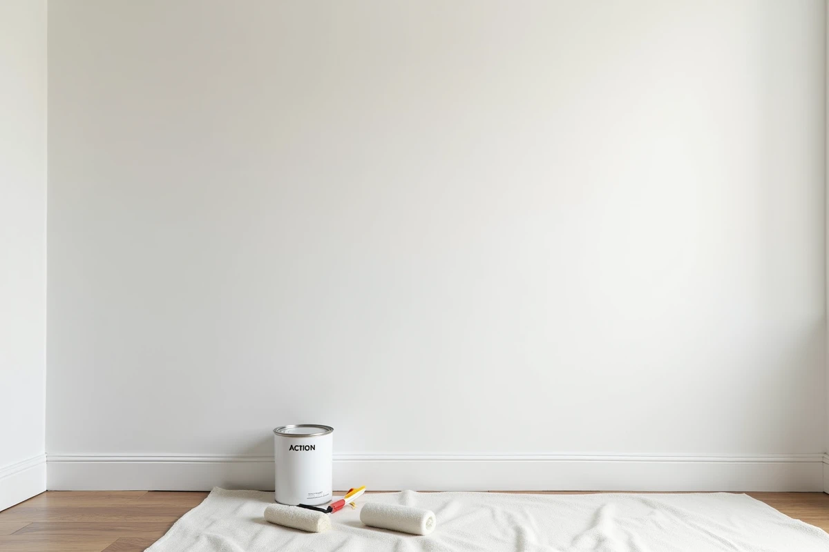 Mur intérieur peint en blanc avec peinture Action sans traces, outils de peinture posés au sol en premier plan