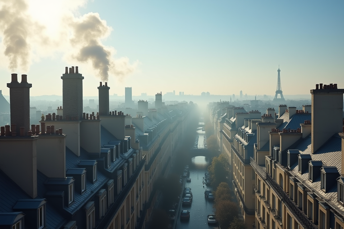 Rue parisienne au matin avec cheminées fumantes et bâtiments haussmanniens