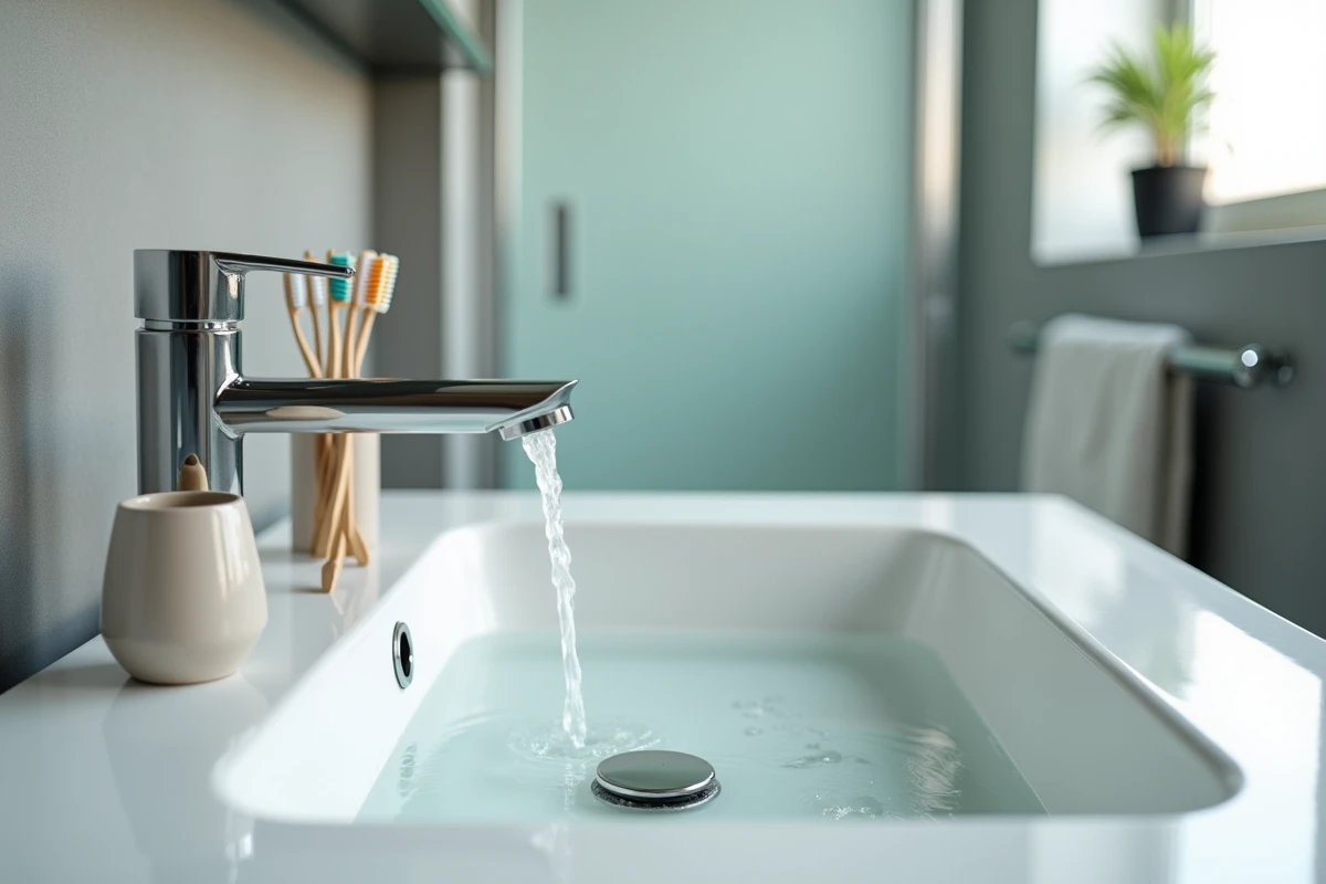 Salle de bain avec trois brosses à dents et robinet ouvert symbolisant la consommation quotidienne d'eau pour 3 personnes