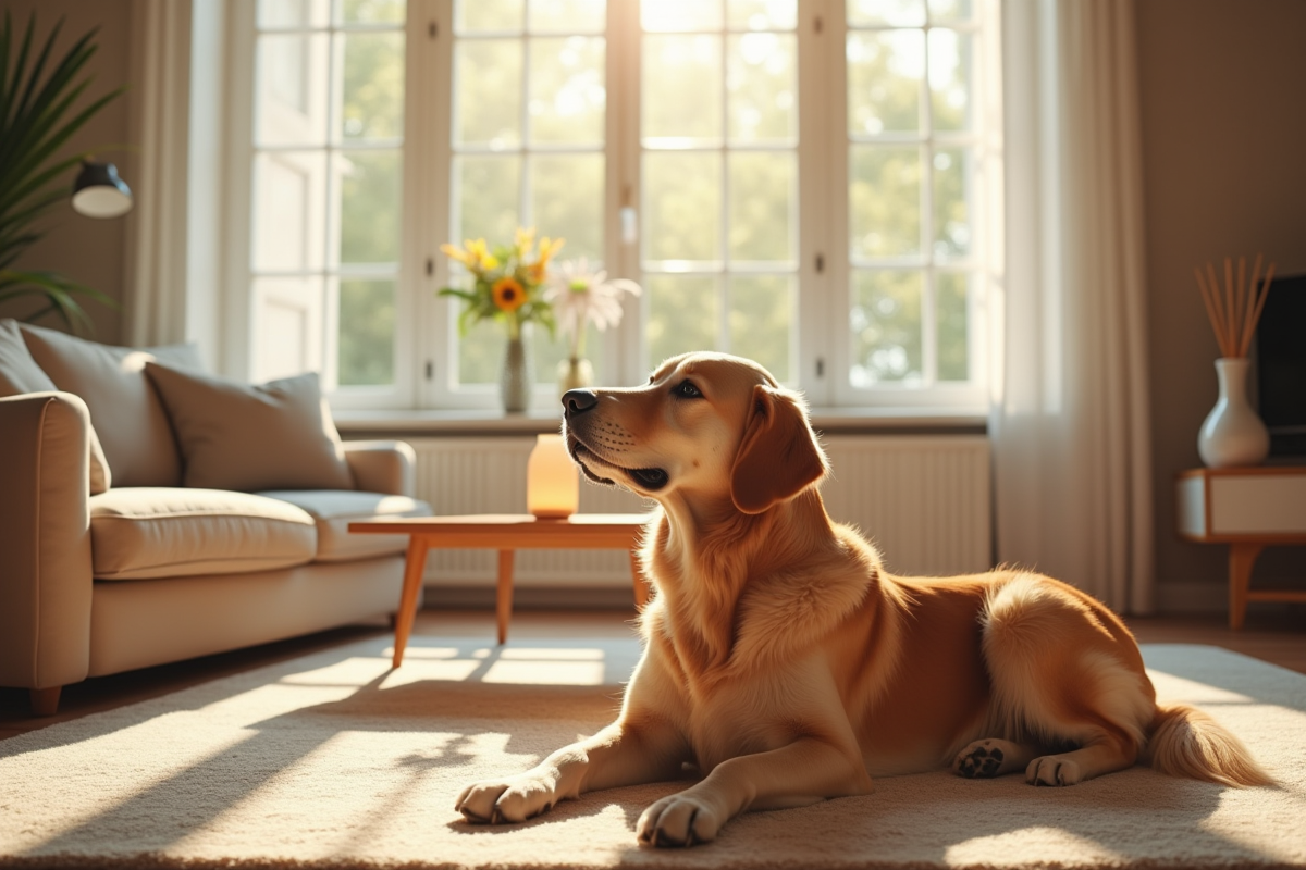 Salon chaleureux avec un chien doré sur un tapis ensoleillé