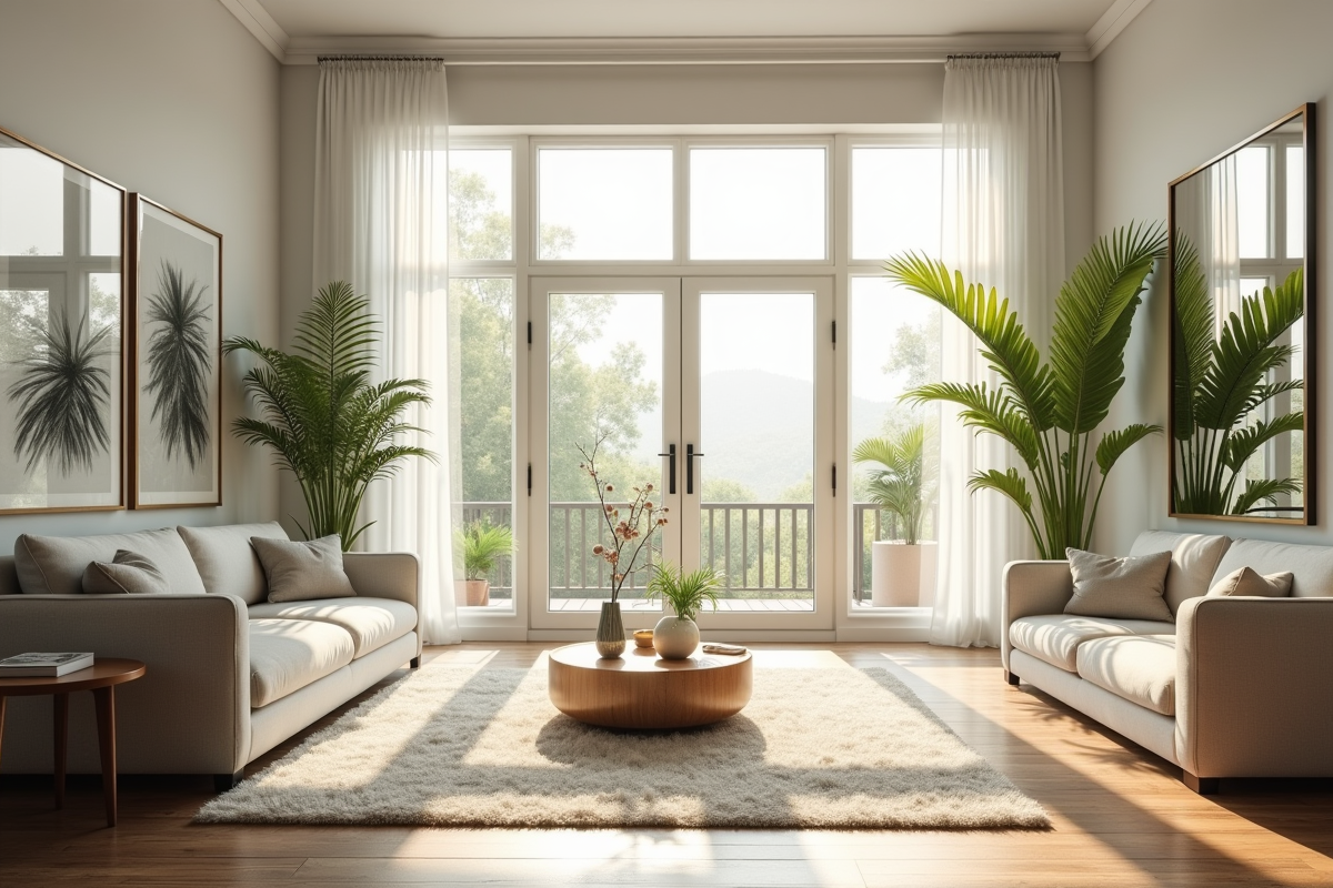 Salon lumineux avec plantes vertes et décor cosy