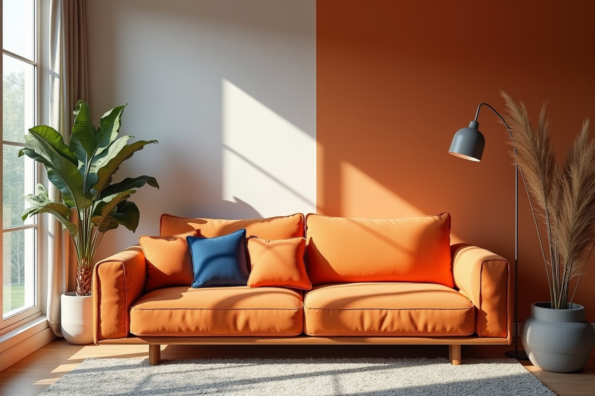 Salon moderne avec canapé orange et lumière naturelle