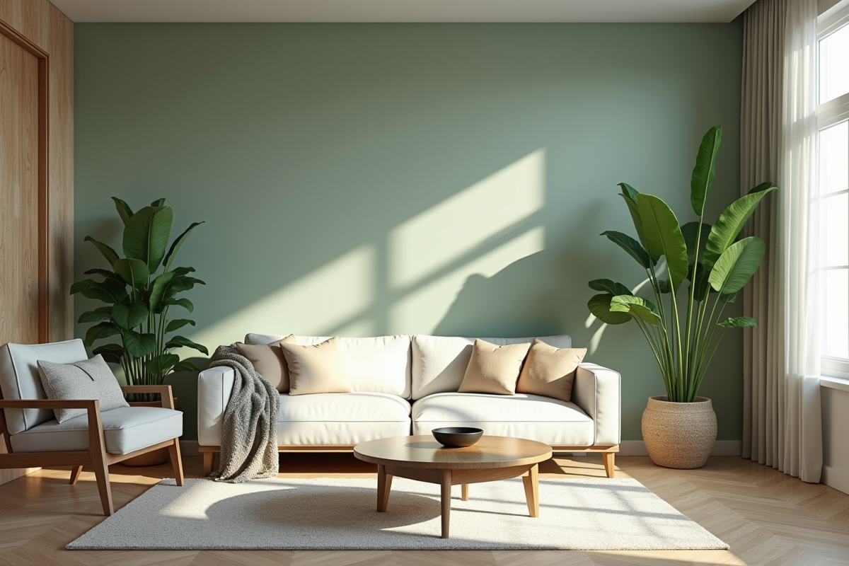 Salon moderne avec mur accent Dulux 2025 et plantes vertes