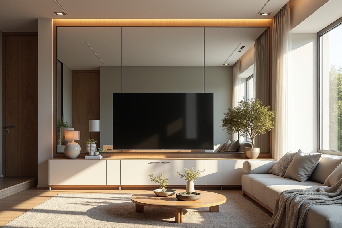 Salon moderne avec grand miroir face à la télévision