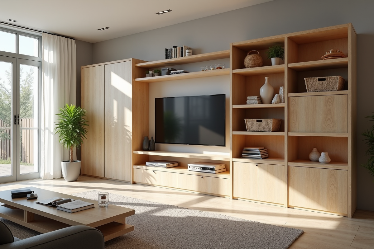 Salon moderne avec rangements astucieux et lumière naturelle