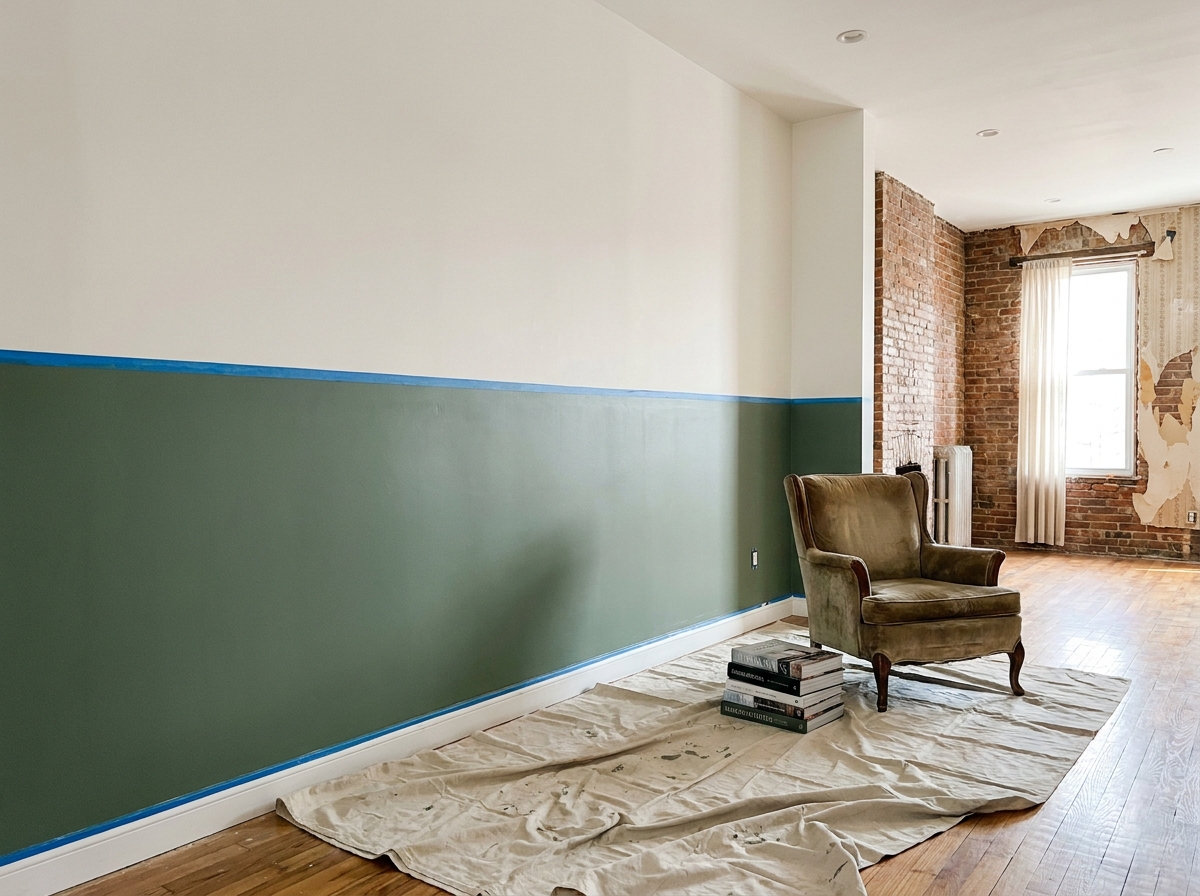 Salon en cours de rénovation avec une technique de peinture bicolore en vert sauge et blanc cassé, ruban de masquage et bâche de protection visibles