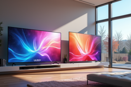 Salon moderne avec deux téléviseurs ULED et QLED lumineux